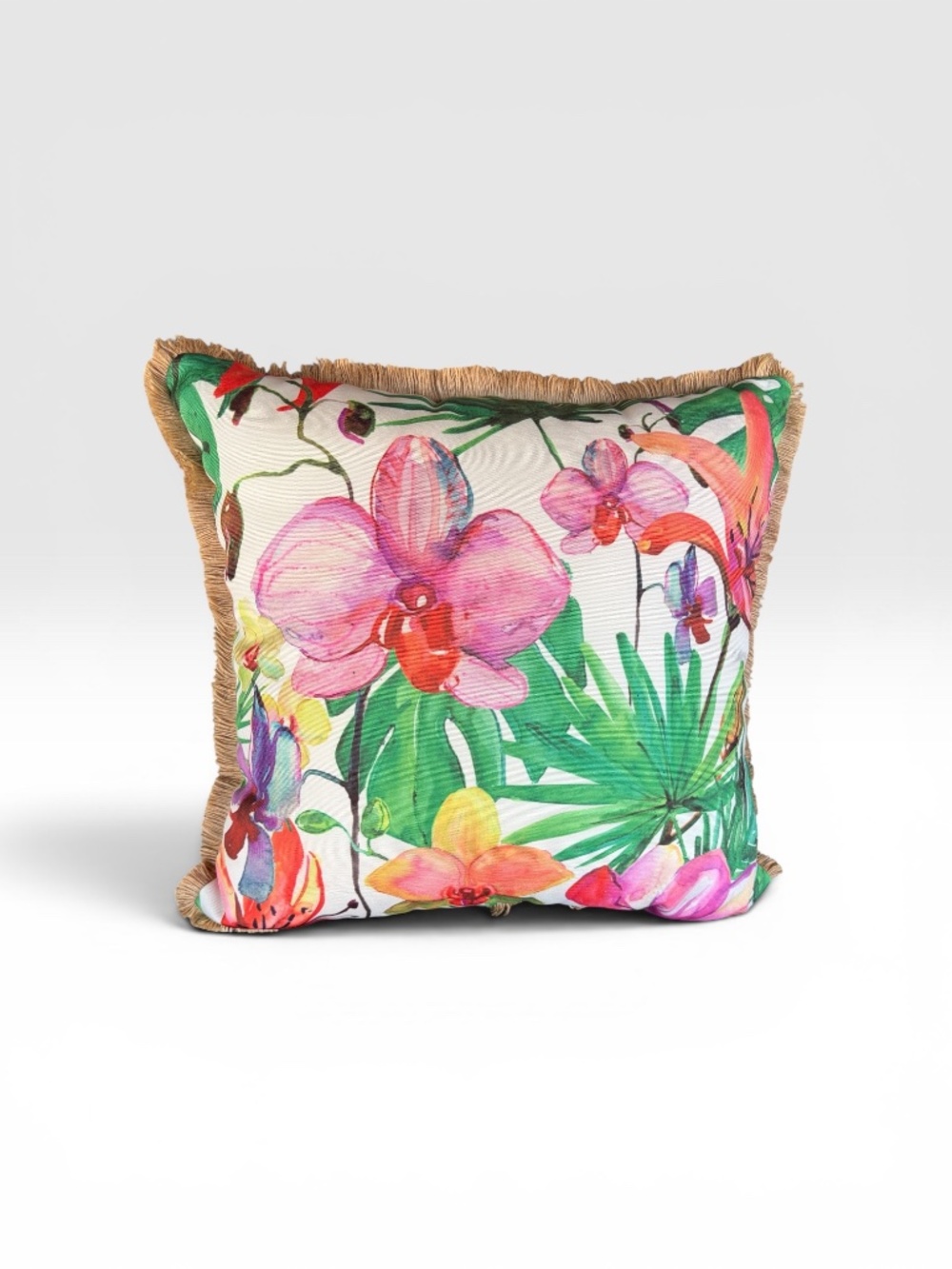 20” x 20” Tropical Themed Throw Pillow with fringe accents